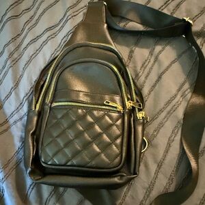 Black Quilted Sling Bag with Gold Accents